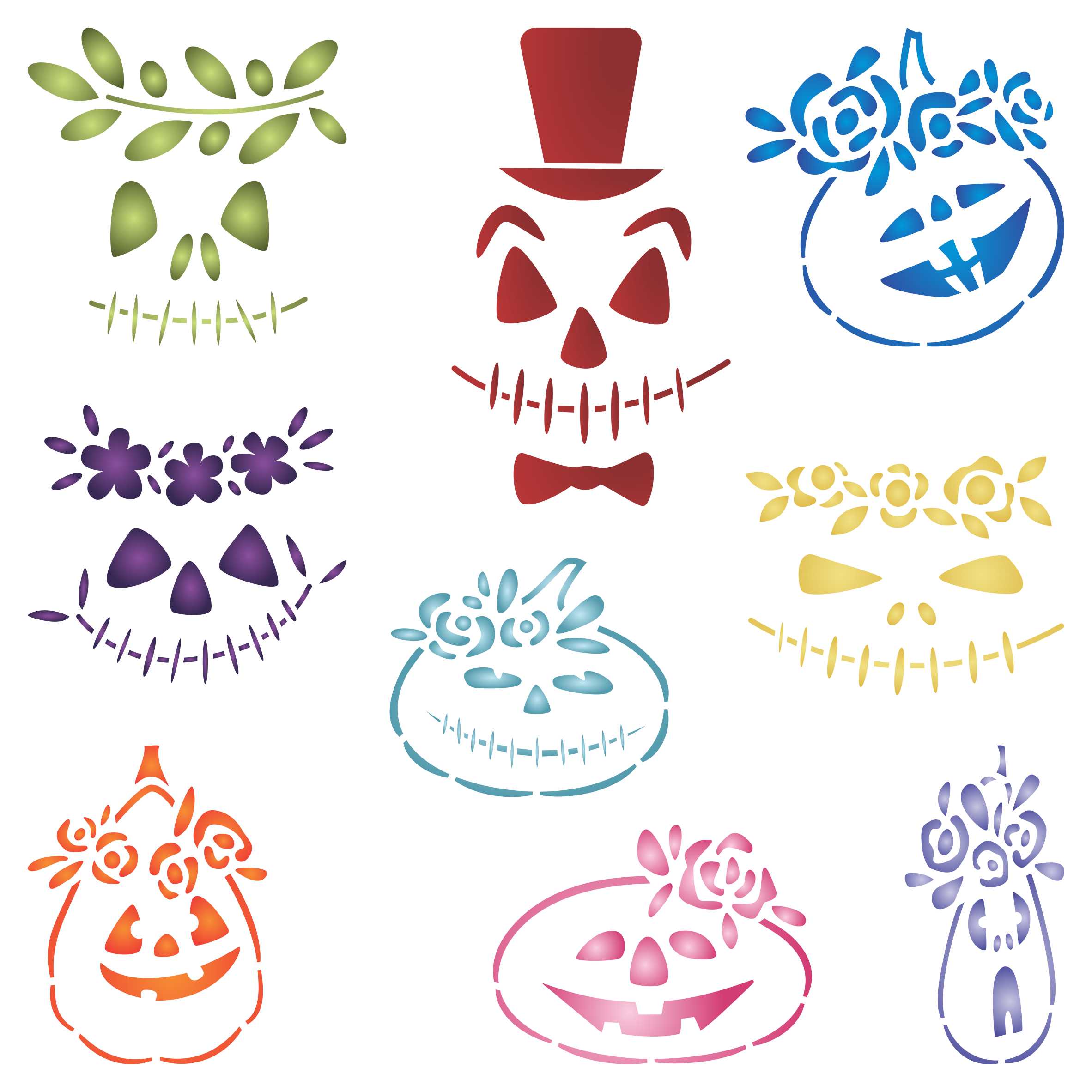 Pumpkin Faces Stencil - Halloween Pumpkin Face Flowers for Journals