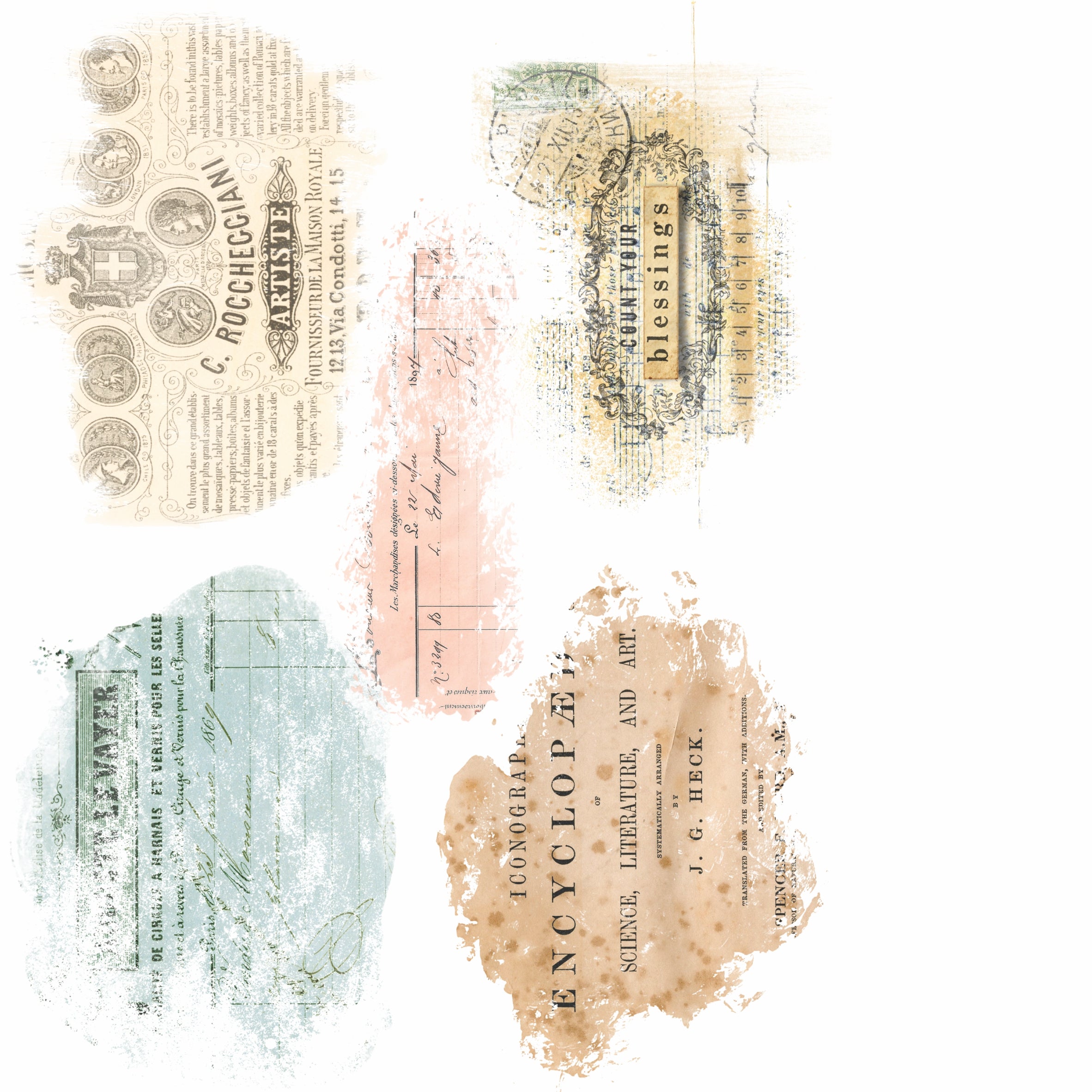 Script Pieces Overlay Rice Paper- 6 x Printed Mulberry Paper Images 30gsm