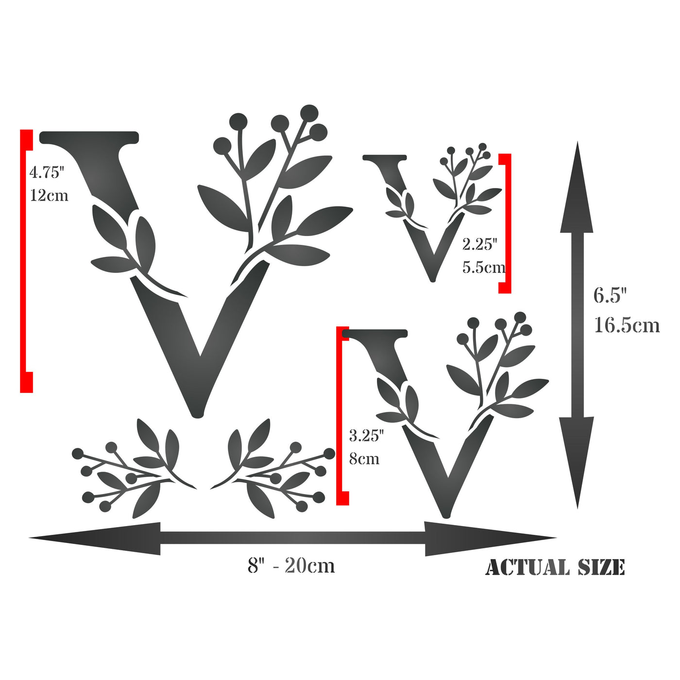 Flower Monogram V Stencil - Leaf Flower Initial 4.5 / 3 / 2 inch on One Sheet