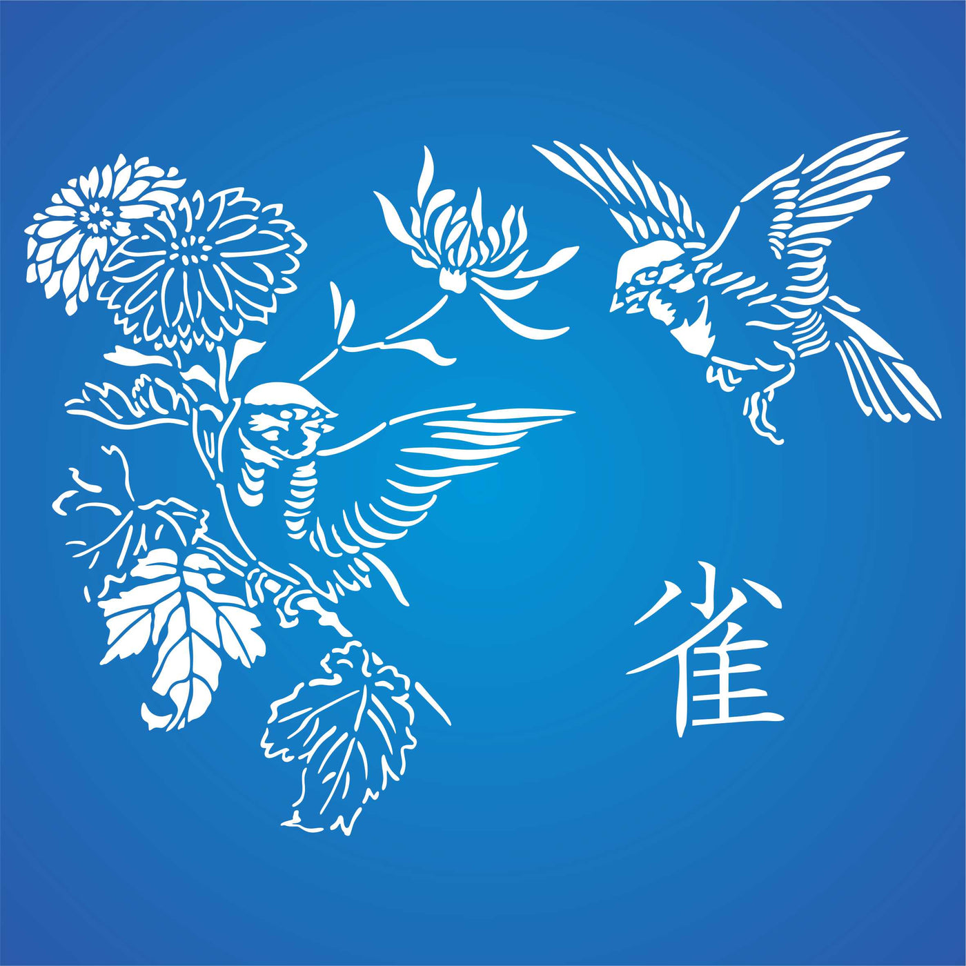 Squabbling Sparrows Stencil - Asian Oriental Flowers Birds Animal