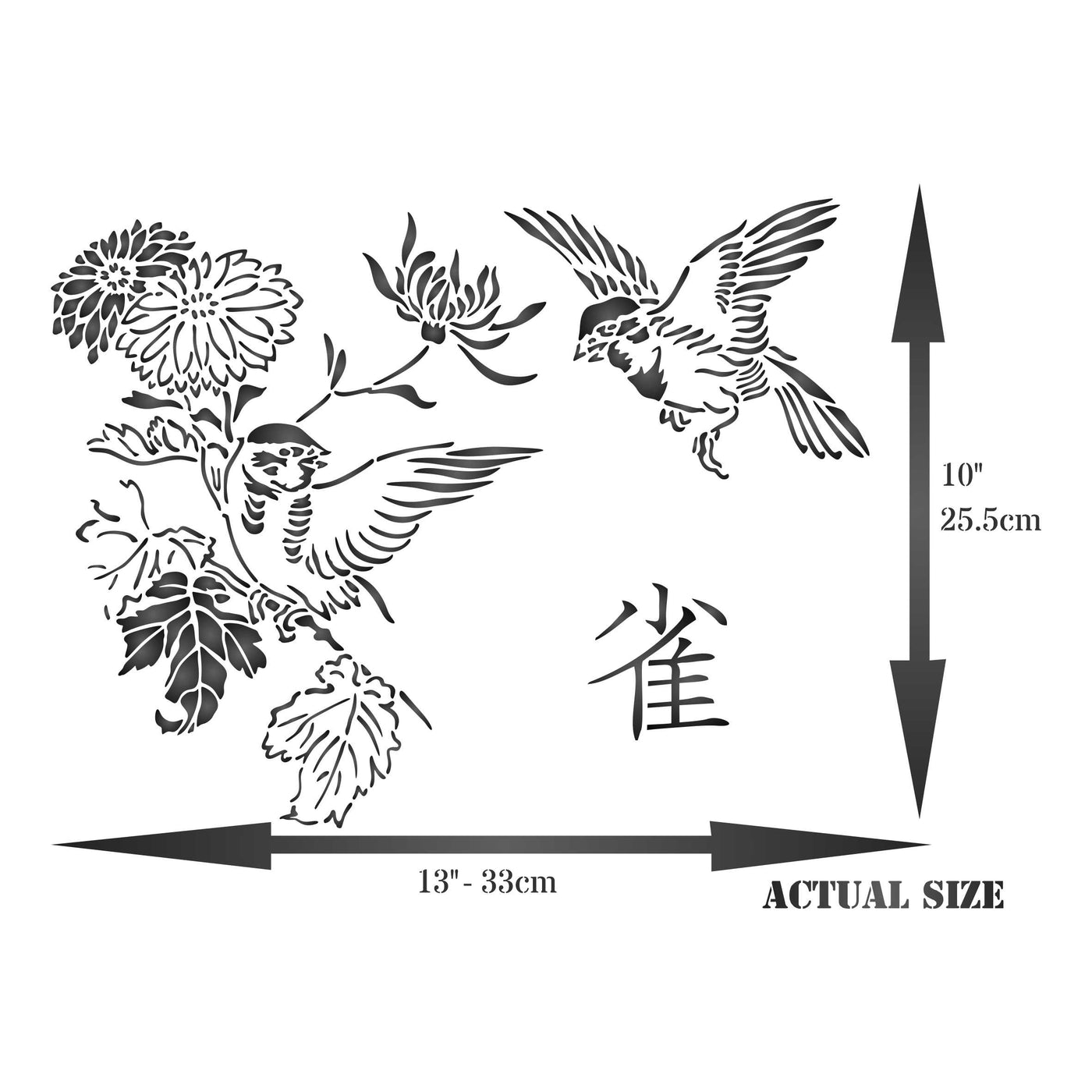 Squabbling Sparrows Stencil - Asian Oriental Flowers Birds Animal