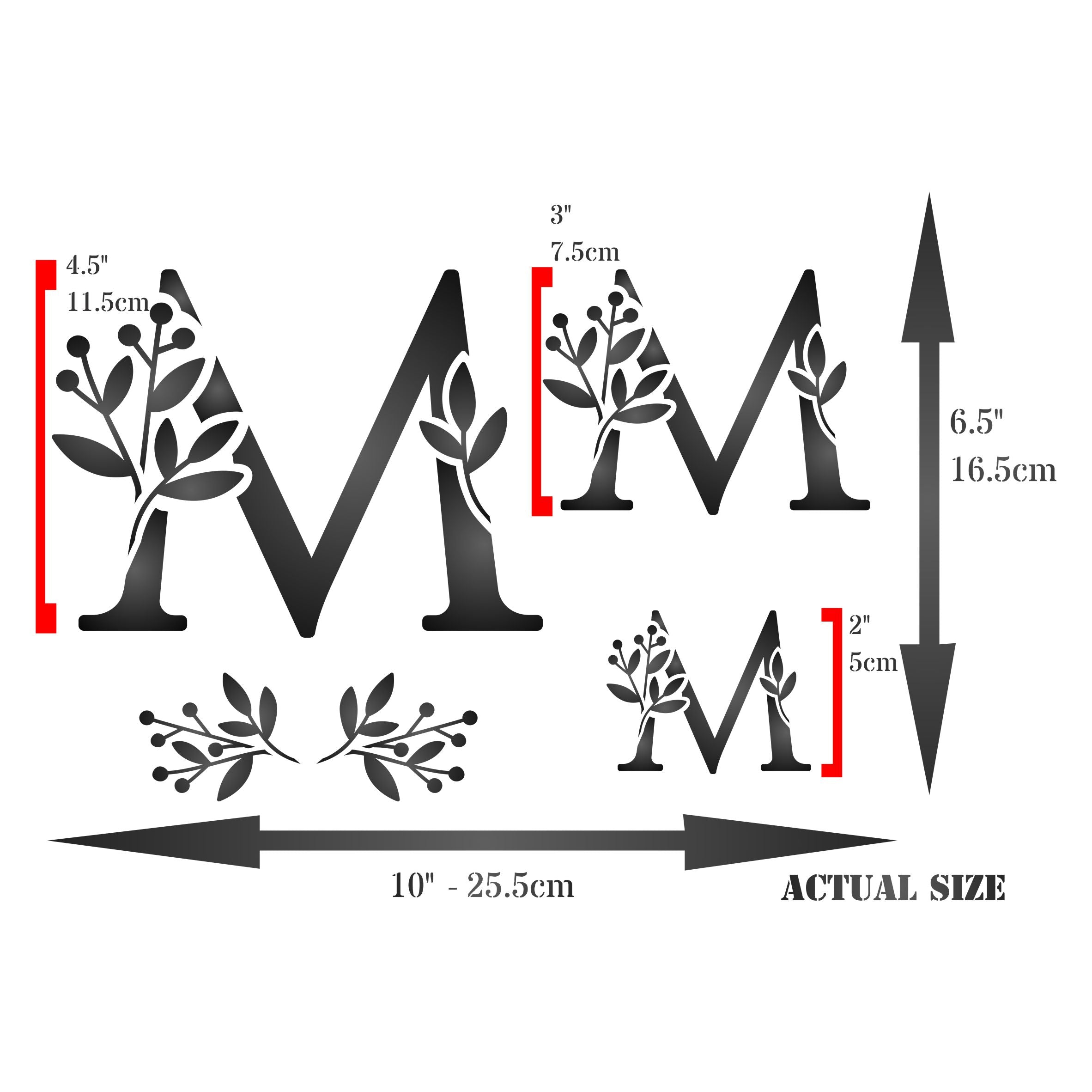 Flower Monogram M Stencil - Leaf Flower Initial 4.5 / 3 / 2 inch on One Sheet