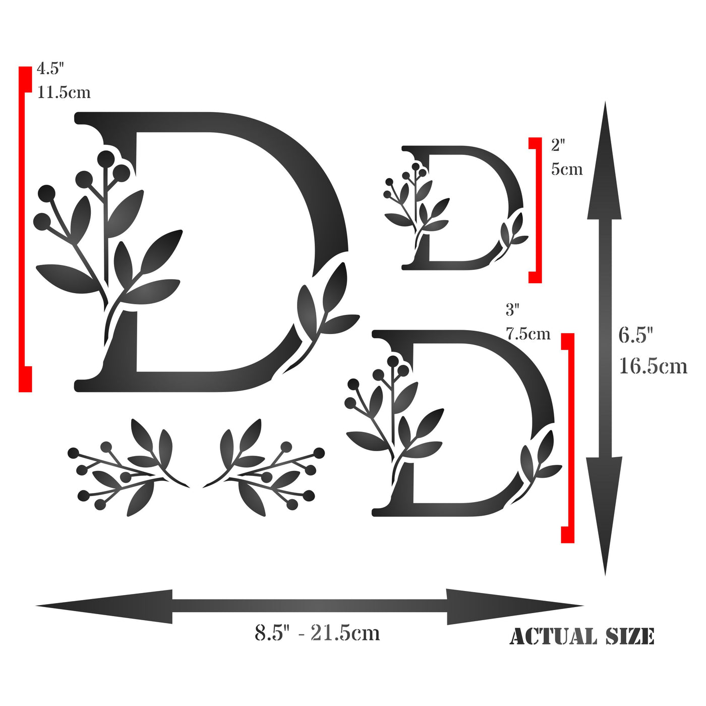 Flower Monogram D Stencil - Leaf Flower Initial 4.5 / 3 / 2 inch on One Sheet