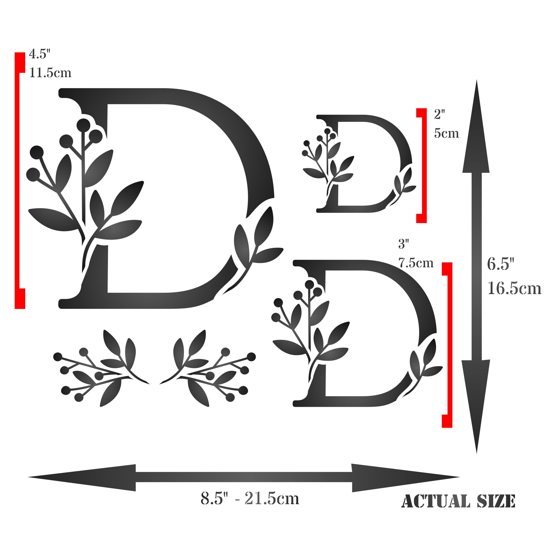 Flower Monogram D Stencil - Leaf Flower Initial 4.5 / 3 / 2 inch on One Sheet