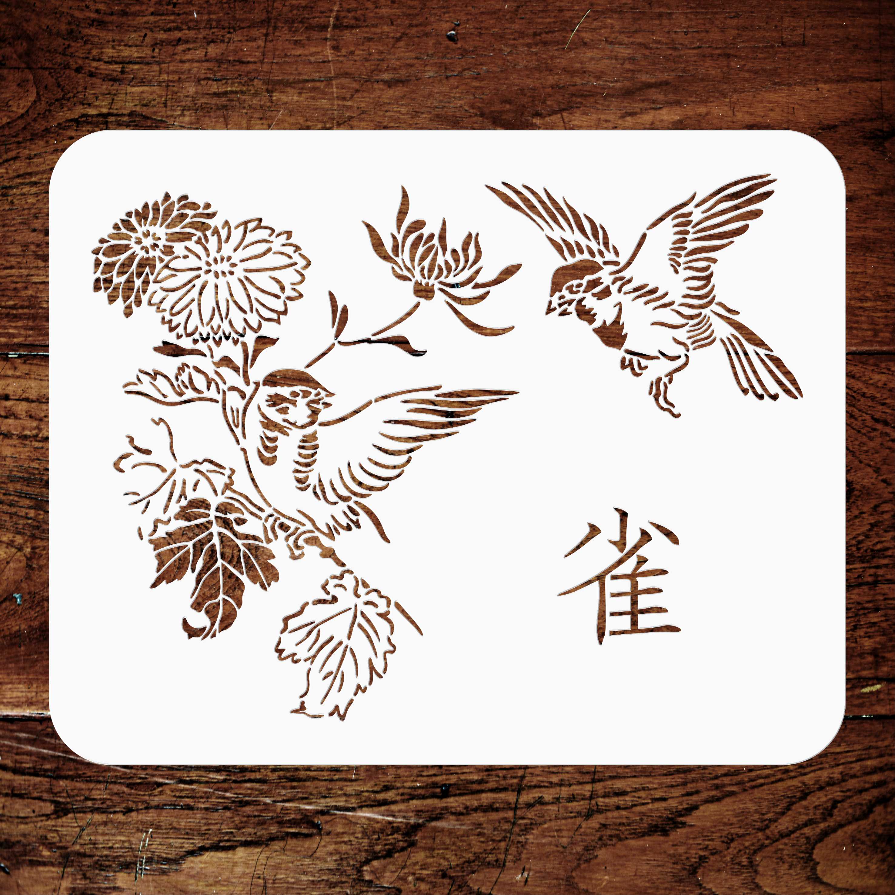 Squabbling Sparrows Stencil - Asian Oriental Flowers Birds Animal