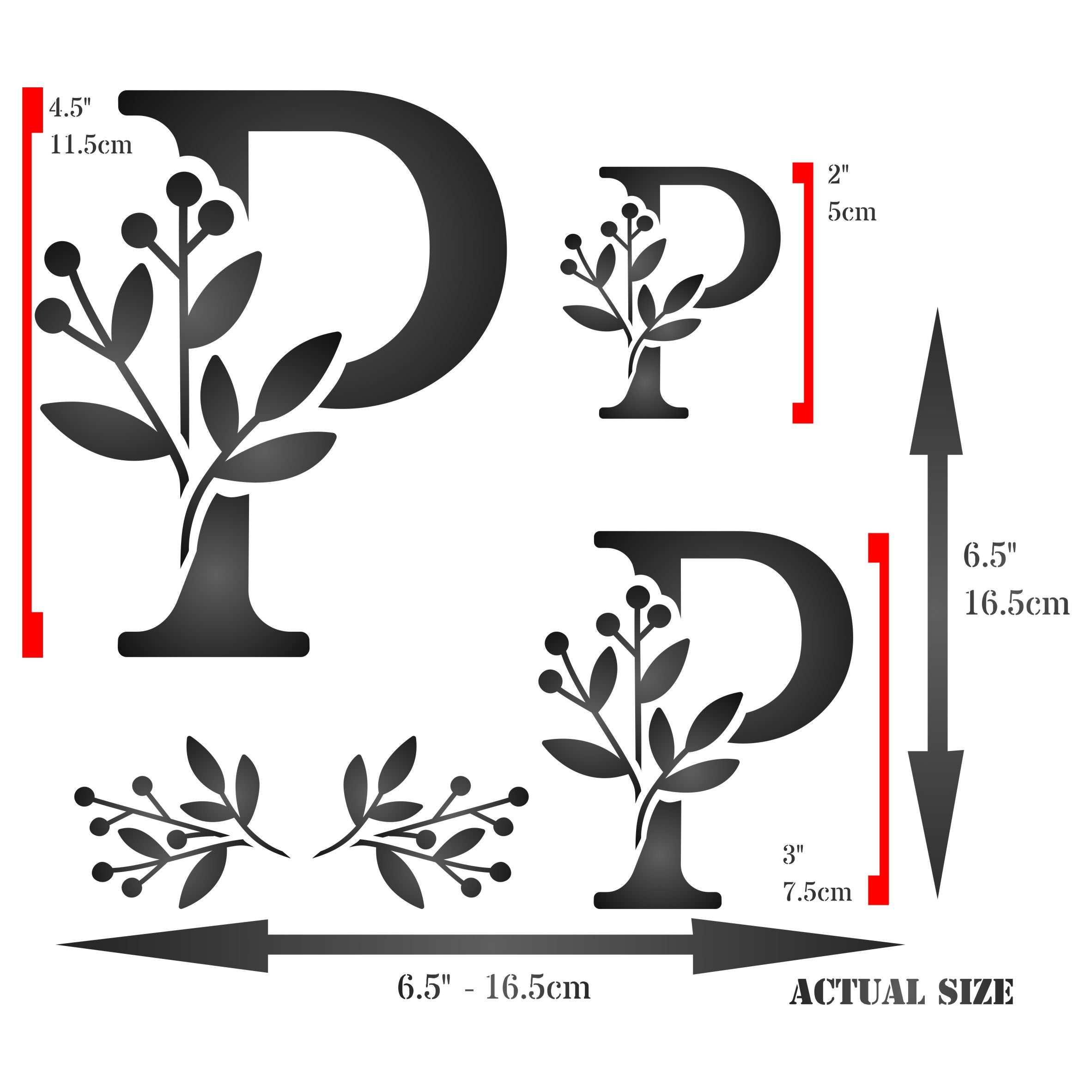 Flower Monogram P Stencil - Leaf Flower Initial 4.5 / 3 / 2 inch on One Sheet