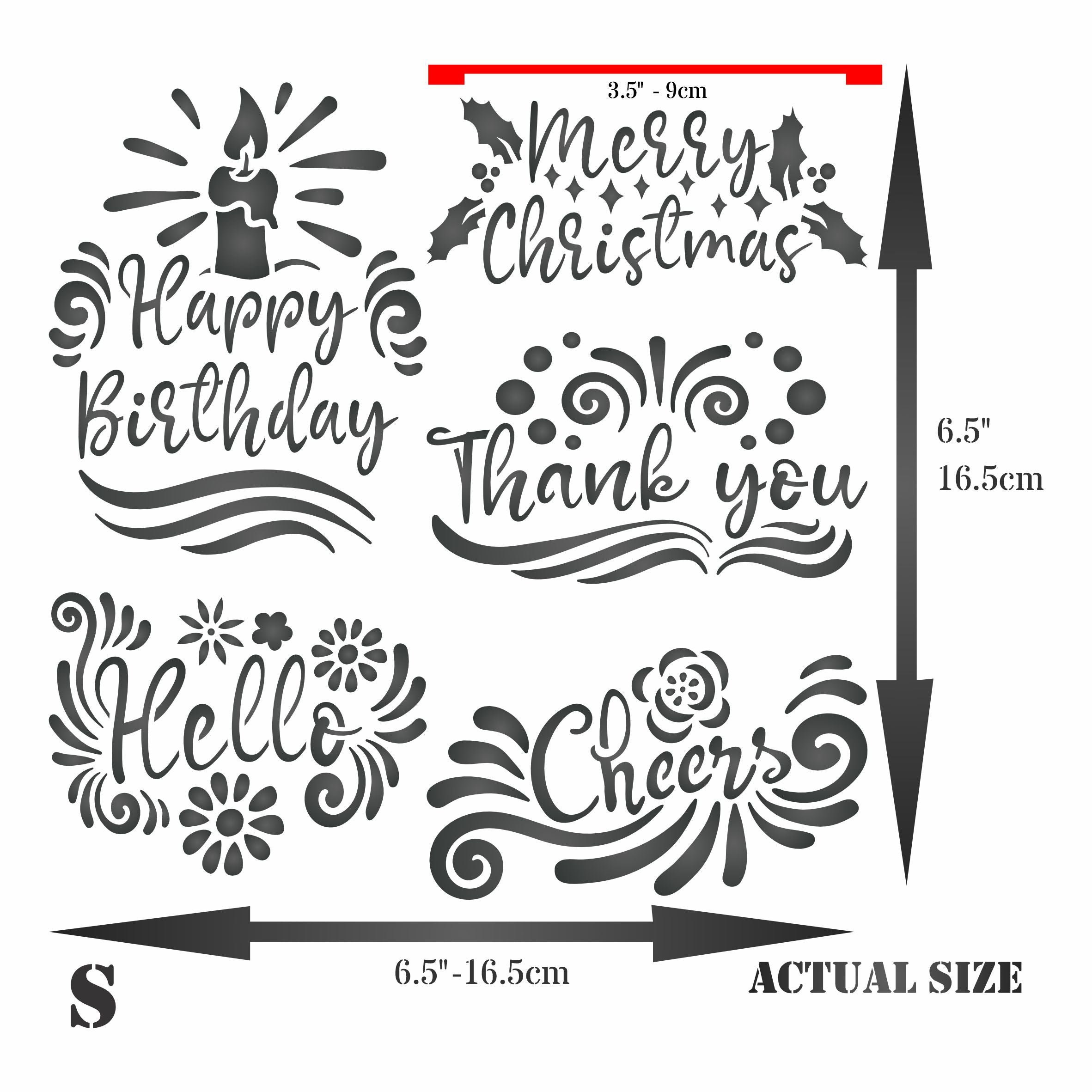 Greetings Stencil - Birthday Christmas Hello Cheers Thank You Greeting