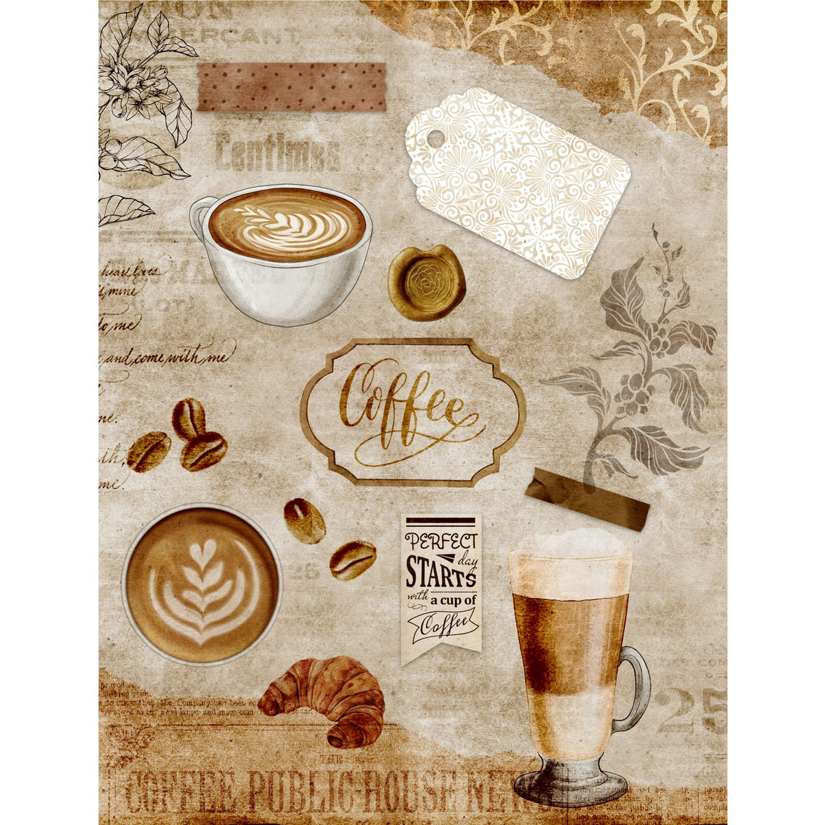 Coffee Decoupage Rice Paper, 20.32 x 26.67 cm - for Decoupage Scrapbooking Craft