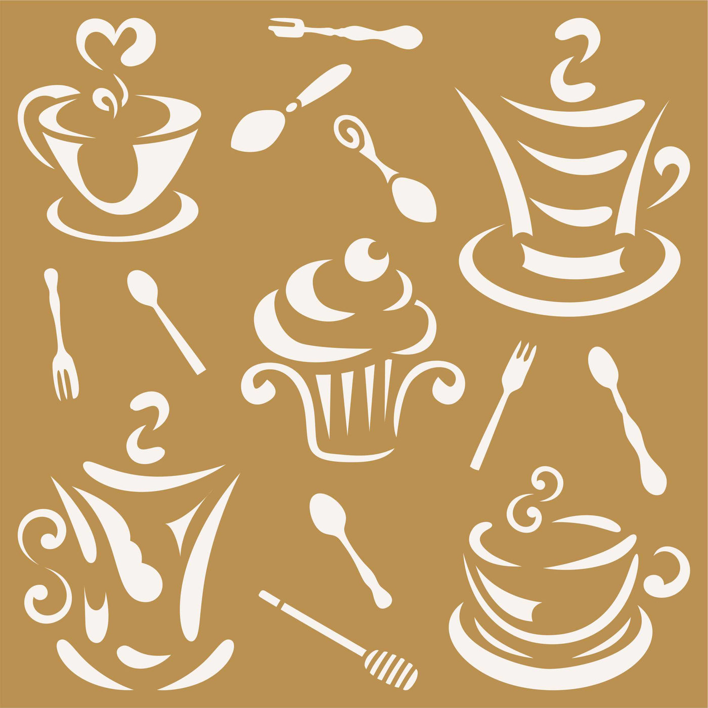 Coffee n Cake Stencil - Stylized Decorative Images Coffee Cup and Cupcake