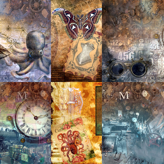 Dark Steampunk Rice Paper- 6 x Different Printed Mulberry Paper Images 30gsm