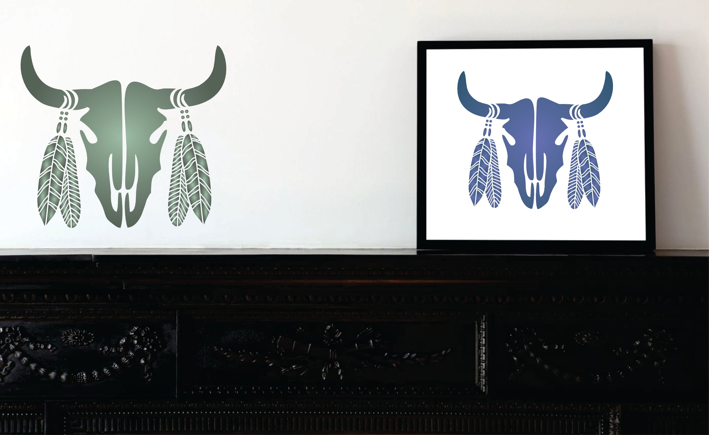 Bull Skull Stencil - Boho Cow Head Feathers