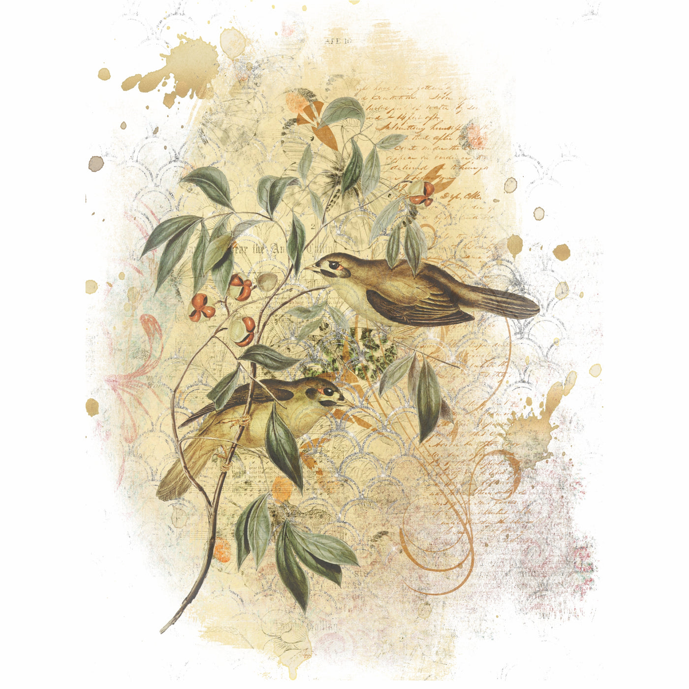 Birds in Branches Overlay Rice Paper- 6 Printed Mulberry Paper Images 30gsm