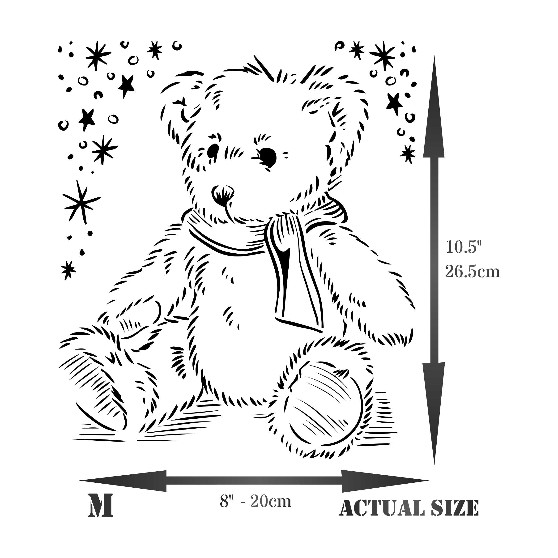 Teddy Bear Stencil - Fluffy Tatty Scruffy Teddy Scarf Stars Kids Childs